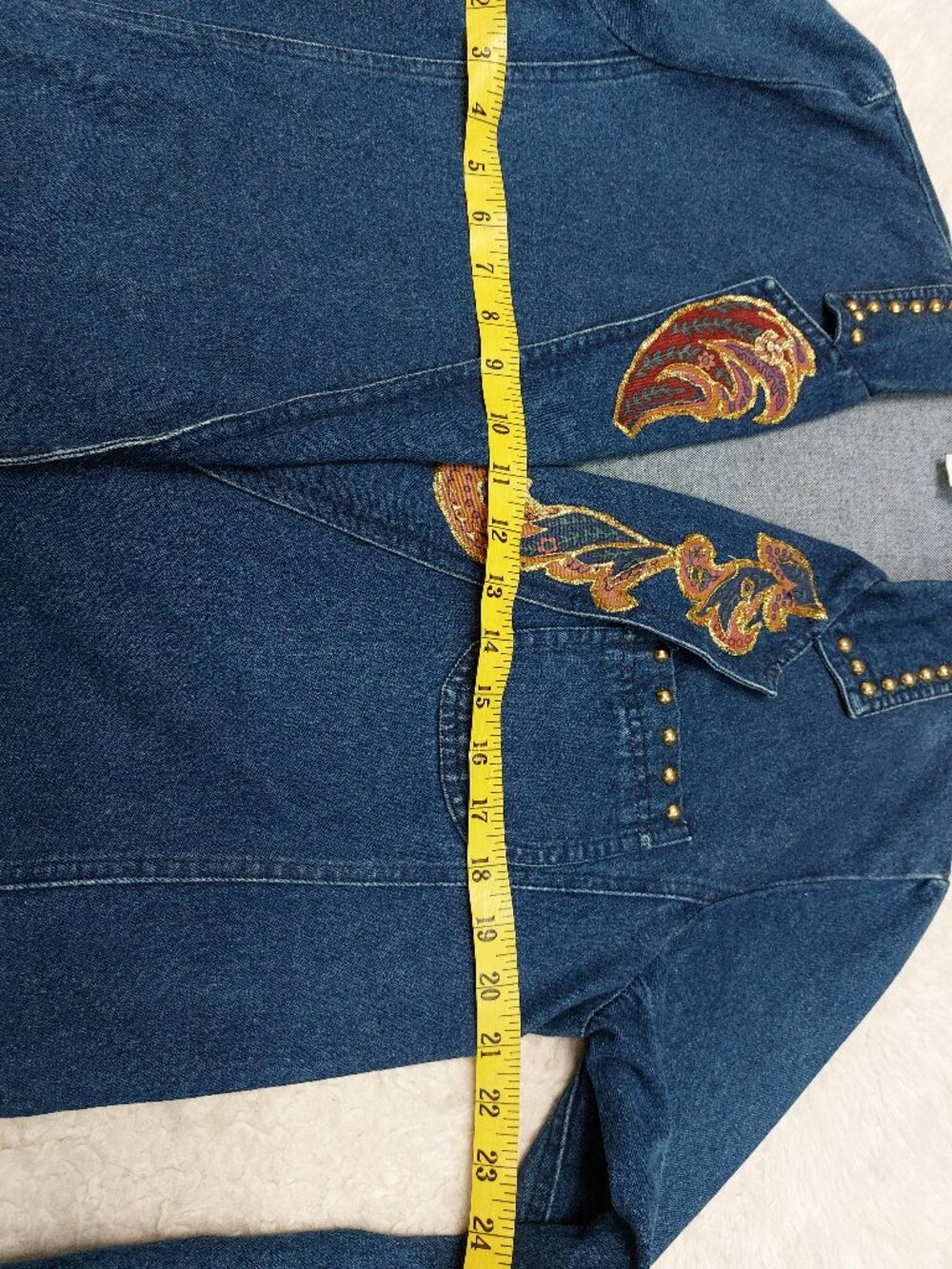 Vintage Bianca Women's Blue Studded Denim Jacket with Embroidered Paisley 10 - Picture 4 of 8